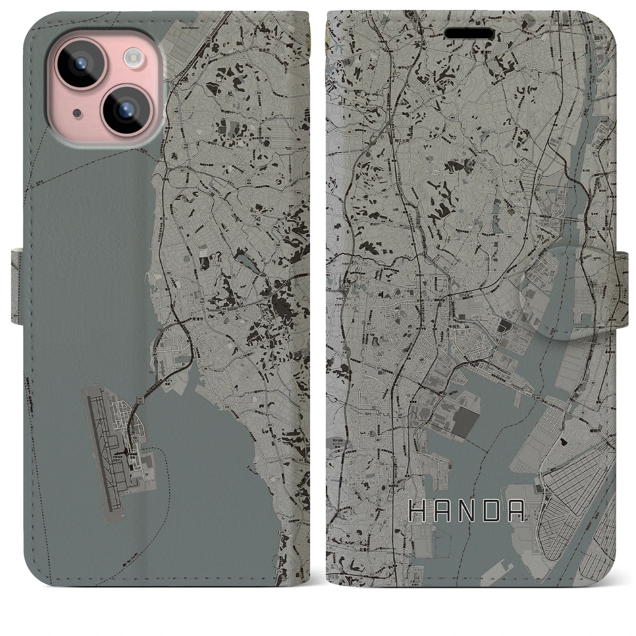 【半田(愛知県)】地図柄iPhoneケース(手帳タイプ)モノトーン・iPhone 15 Plus 用