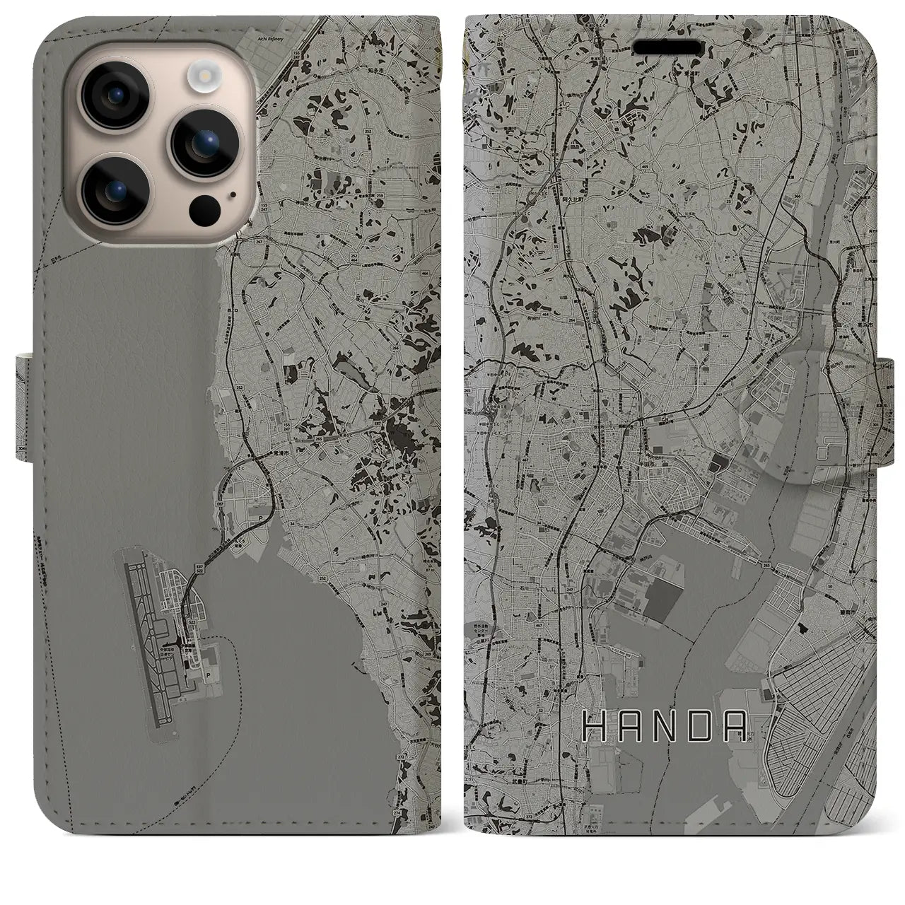 【半田(愛知県)】地図柄iPhoneケース(手帳タイプ)モノトーン・iPhone 16 Plus 用