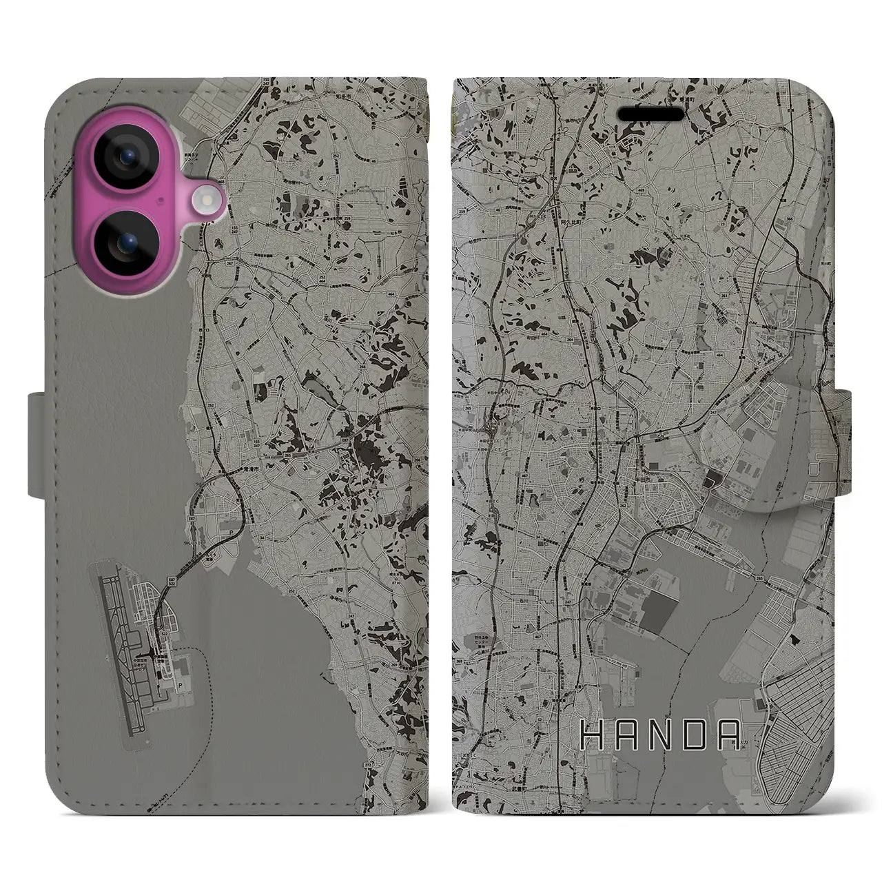 【半田(愛知県)】地図柄iPhoneケース(手帳タイプ)モノトーン・iPhone 16 Pro 用