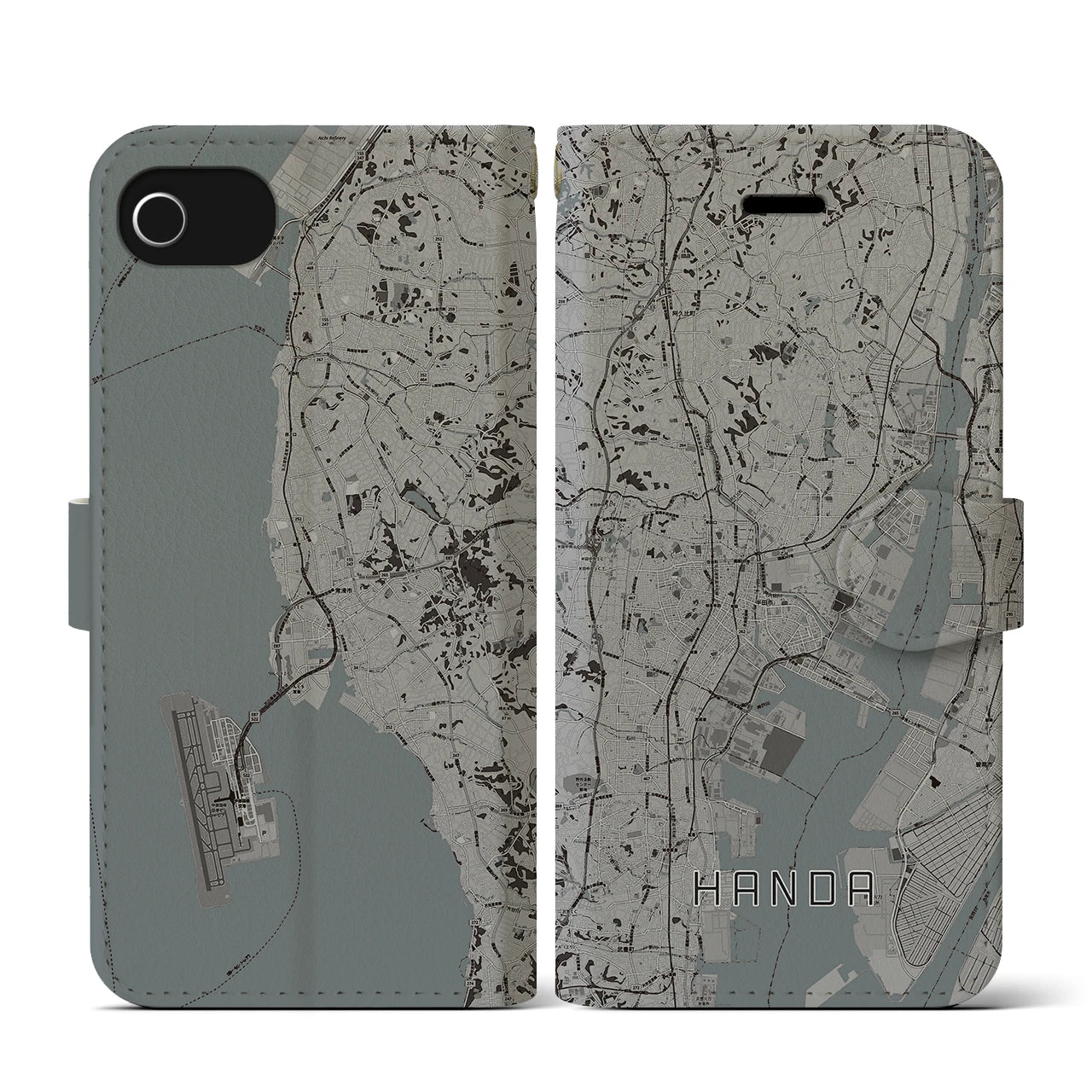 【半田(愛知県)】地図柄iPhoneケース(手帳タイプ)モノトーン・iPhone SE(第3 / 第2世代) / 8 / 7 / 6s / 6 用