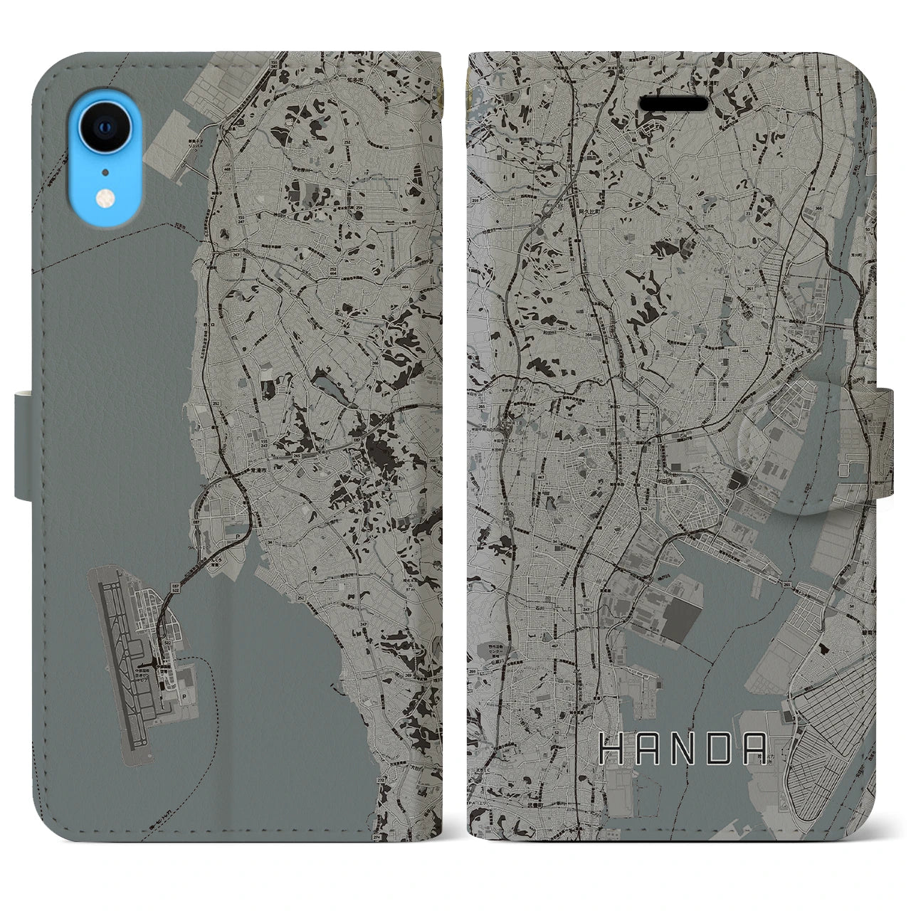 【半田(愛知県)】地図柄iPhoneケース(手帳タイプ)モノトーン・iPhone XR 用