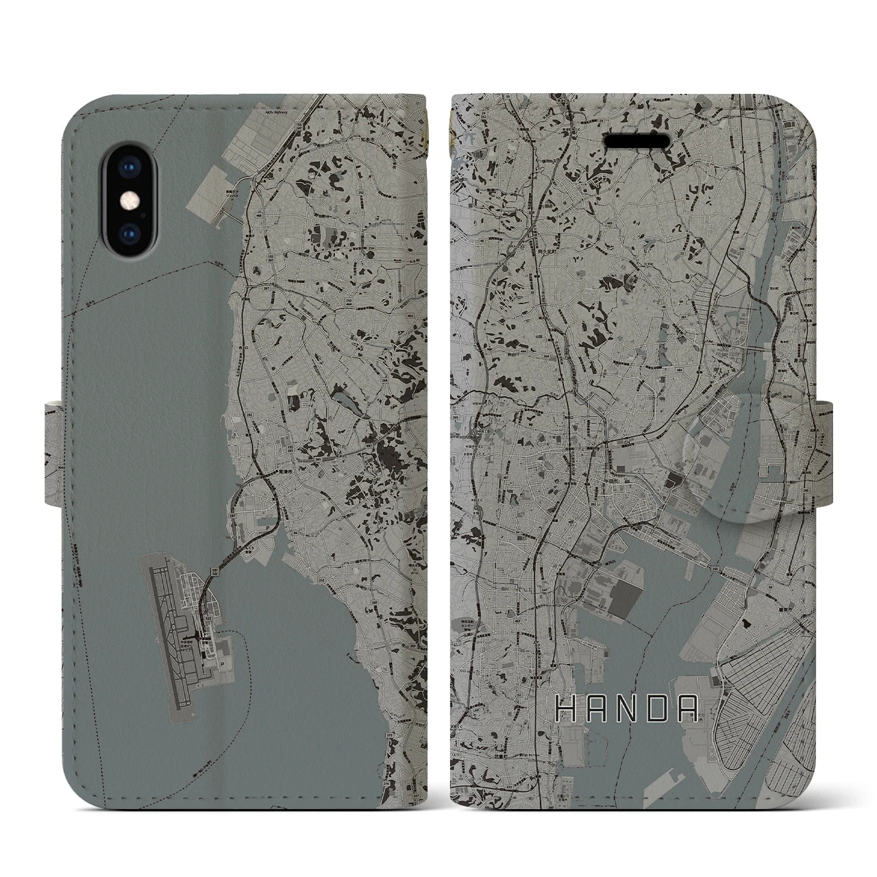 【半田(愛知県)】地図柄iPhoneケース(手帳タイプ)モノトーン・iPhone XS / X 用