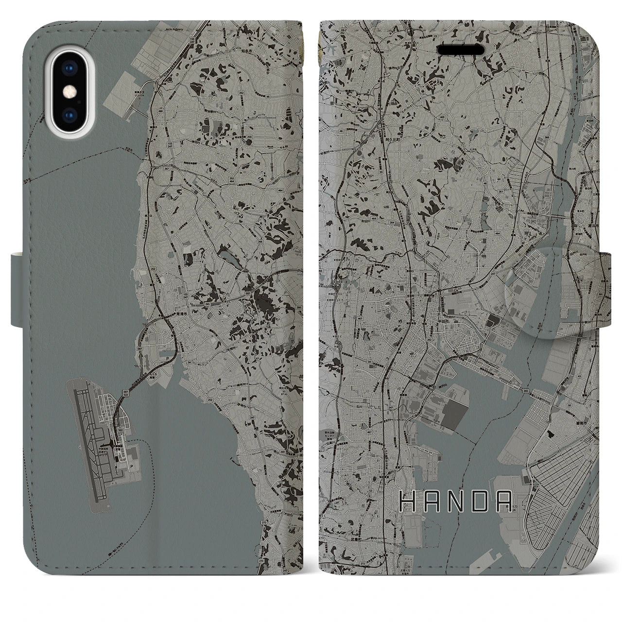 【半田(愛知県)】地図柄iPhoneケース(手帳タイプ)モノトーン・iPhone XS Max 用