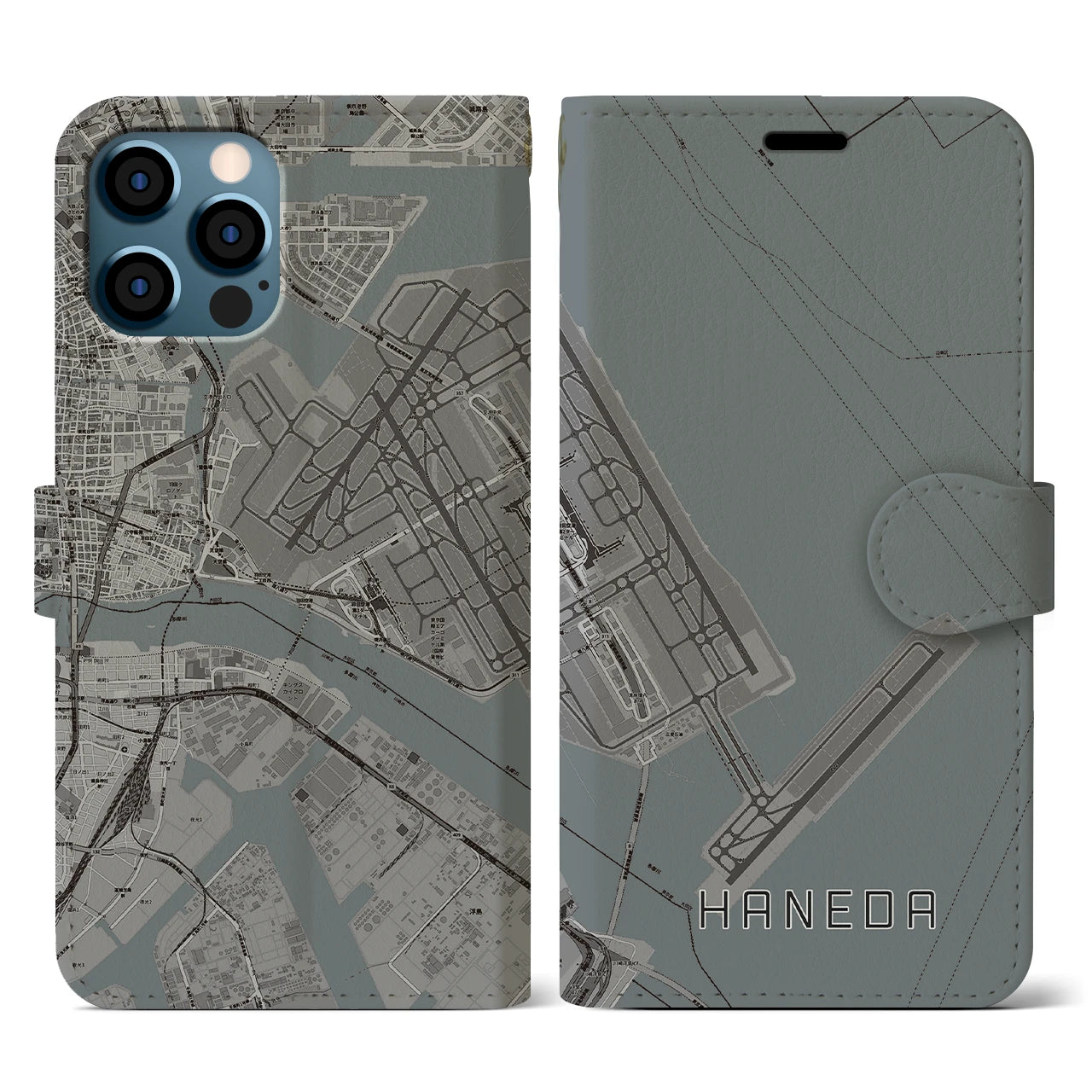 【羽田(東京都)】地図柄iPhoneケース(手帳タイプ)モノトーン・iPhone 12 / 12 Pro 用