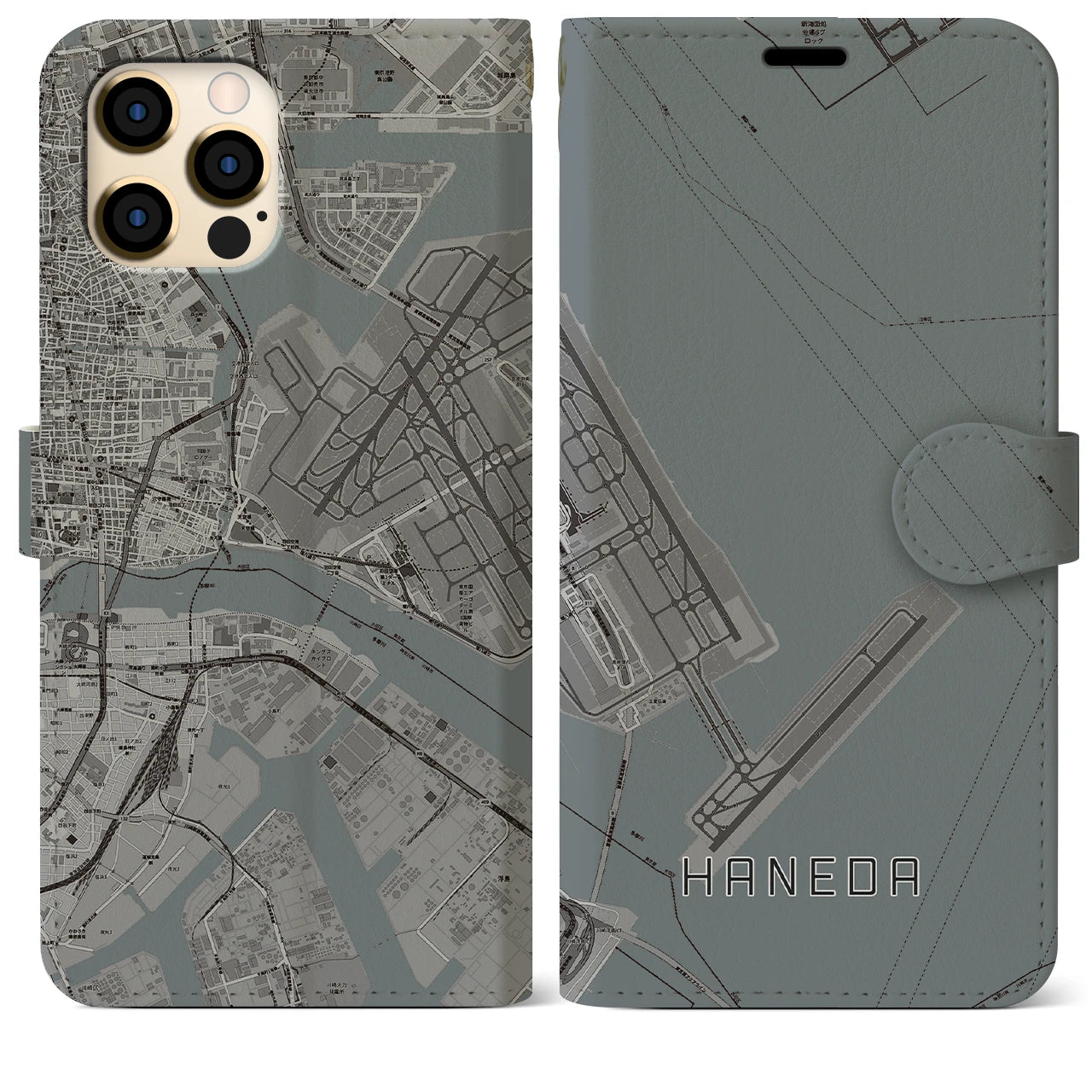 【羽田(東京都)】地図柄iPhoneケース(手帳タイプ)モノトーン・iPhone 12 Pro Max 用