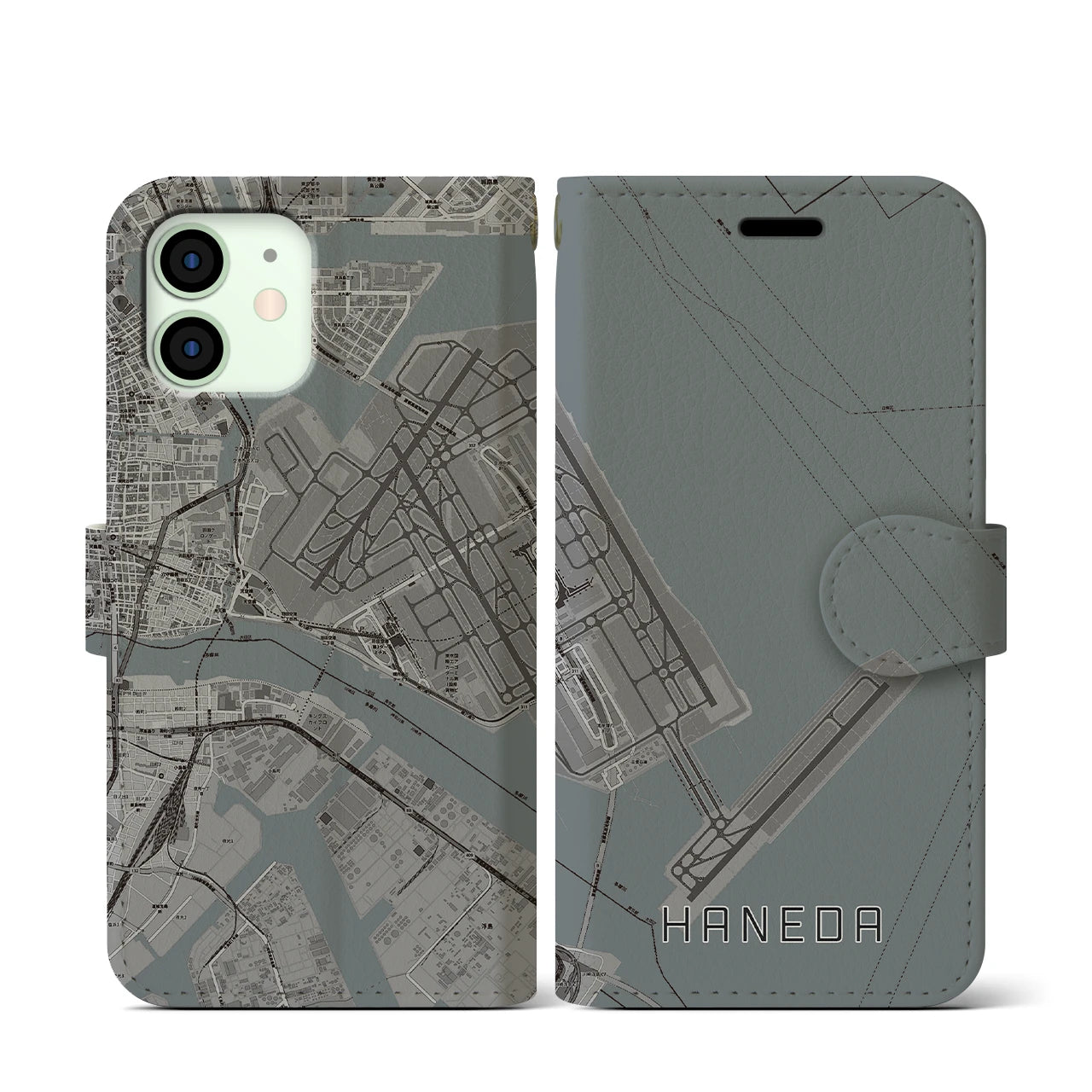 【羽田(東京都)】地図柄iPhoneケース(手帳タイプ)モノトーン・iPhone 12 mini 用