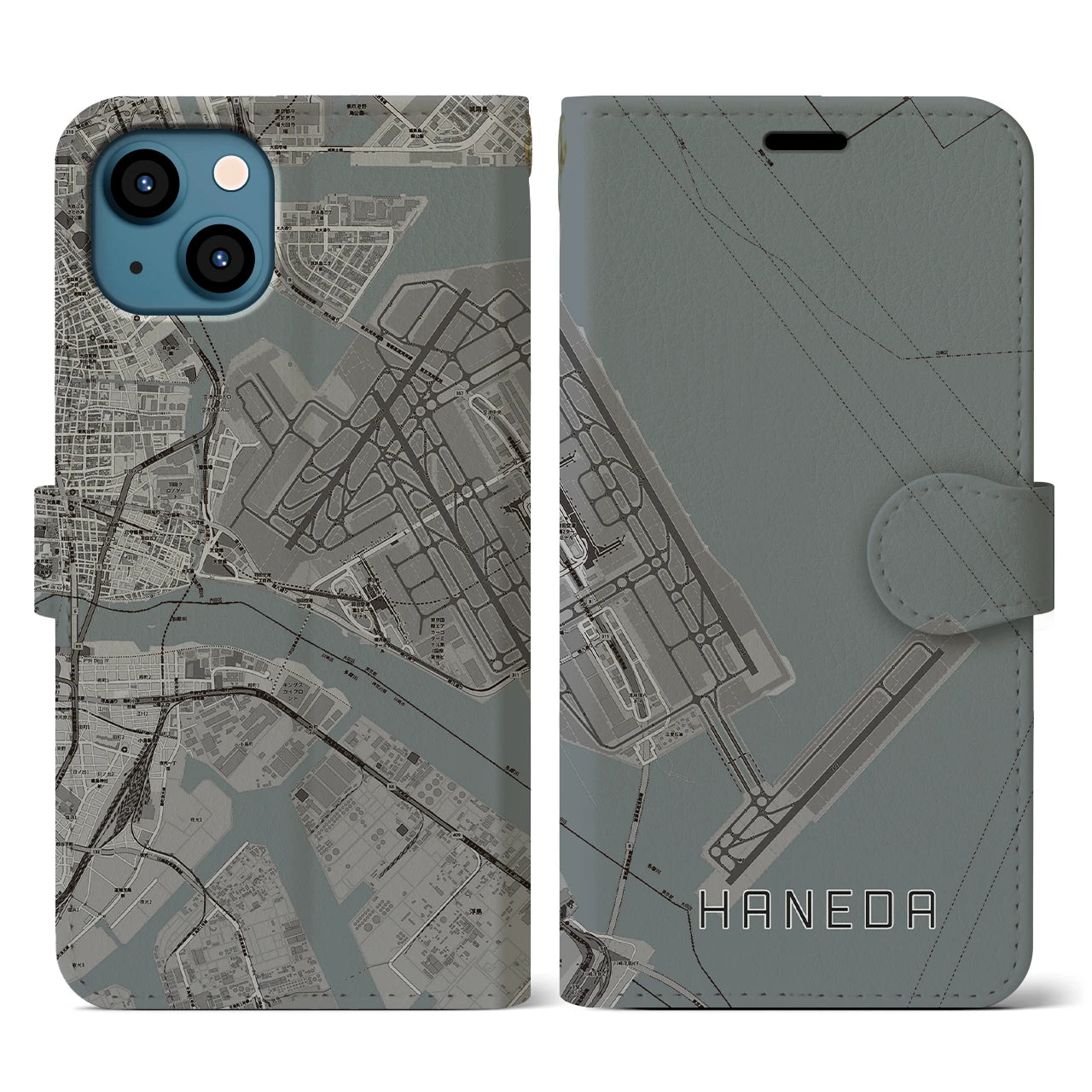【羽田(東京都)】地図柄iPhoneケース(手帳タイプ)モノトーン・iPhone 13 用