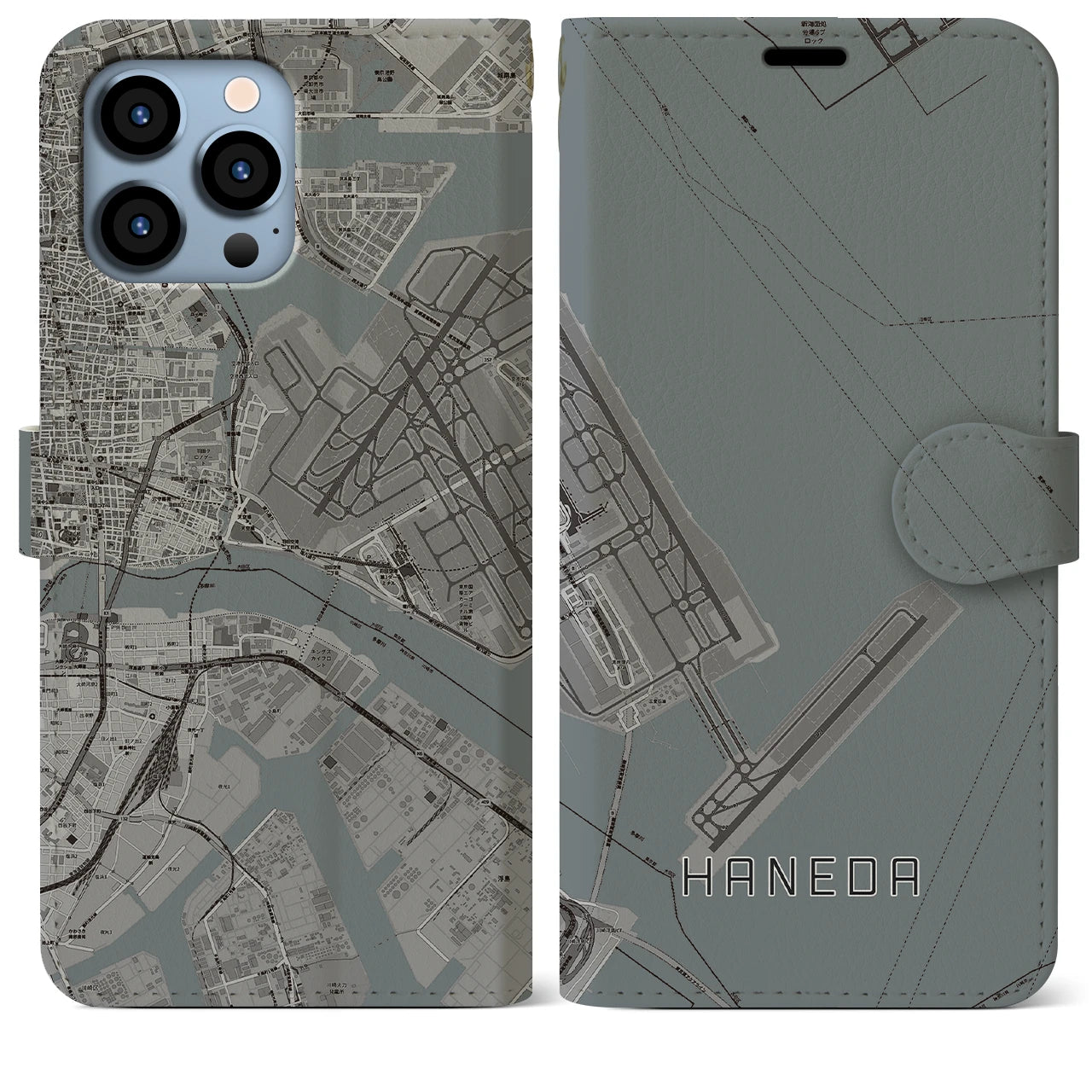 【羽田(東京都)】地図柄iPhoneケース(手帳タイプ)モノトーン・iPhone 13 Pro Max 用