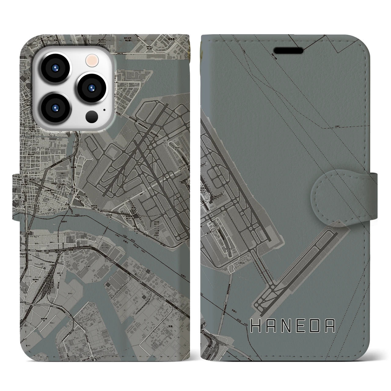 【羽田(東京都)】地図柄iPhoneケース(手帳タイプ)モノトーン・iPhone 13 Pro 用