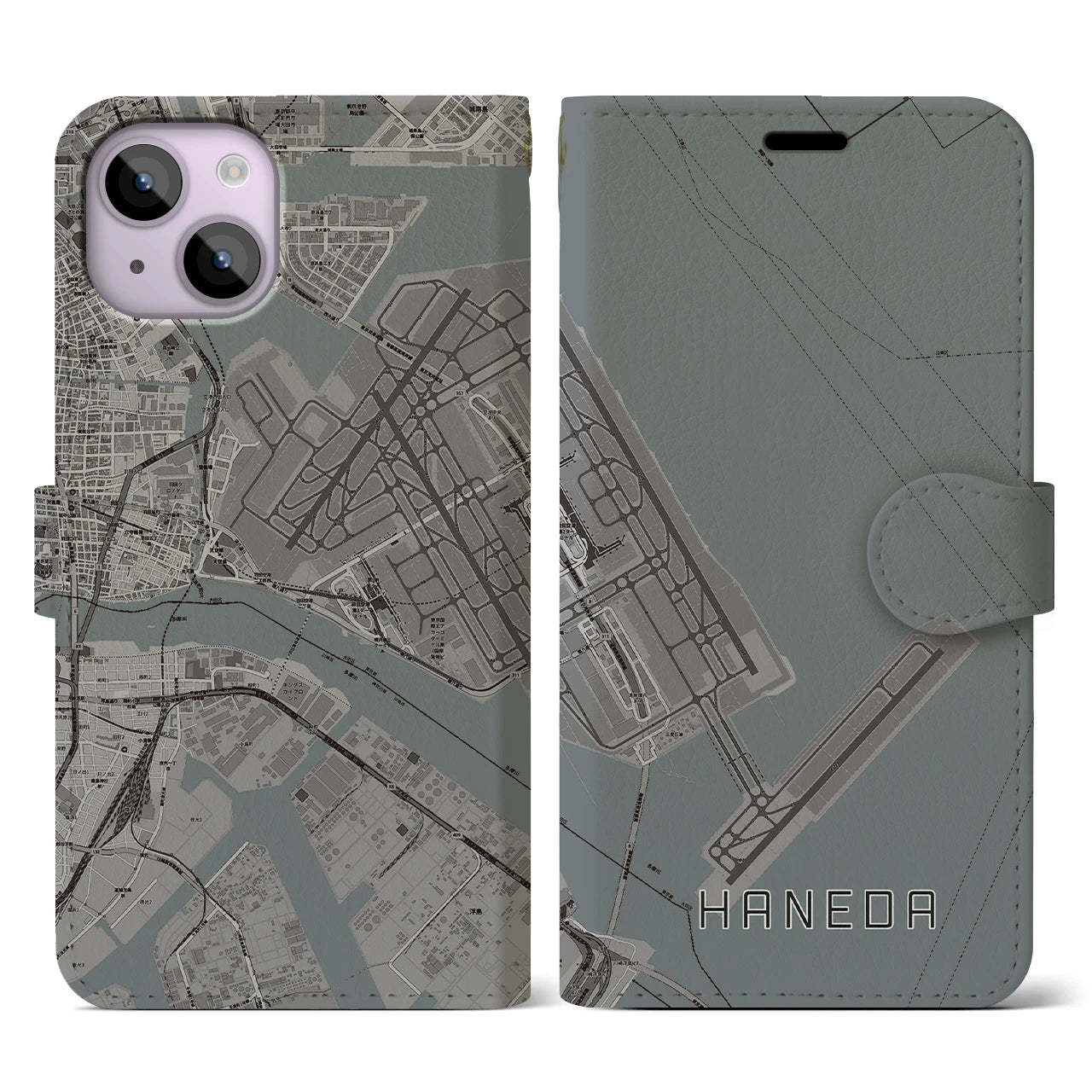 【羽田(東京都)】地図柄iPhoneケース(手帳タイプ)モノトーン・iPhone 14 用