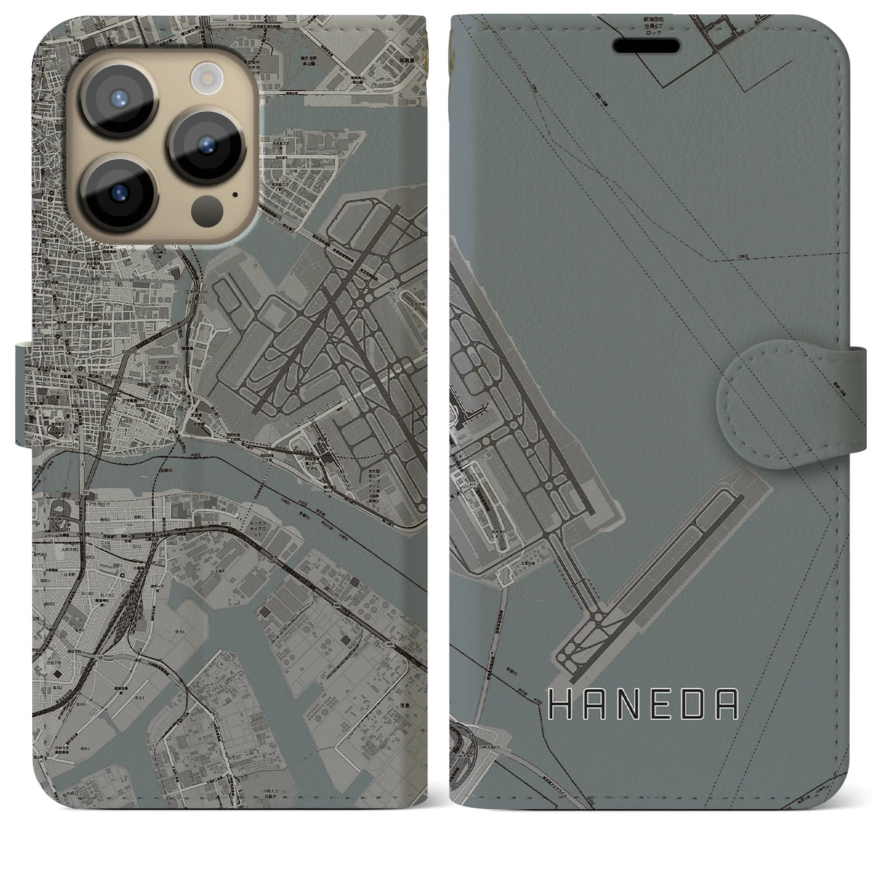【羽田(東京都)】地図柄iPhoneケース(手帳タイプ)モノトーン・iPhone 14 Pro Max 用