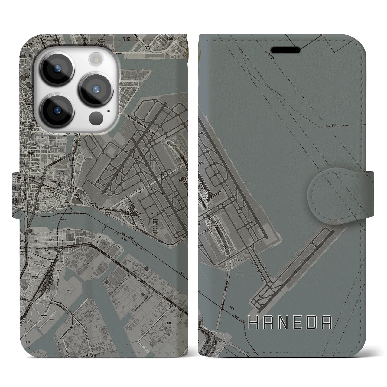 【羽田(東京都)】地図柄iPhoneケース(手帳タイプ)モノトーン・iPhone 14 Pro 用
