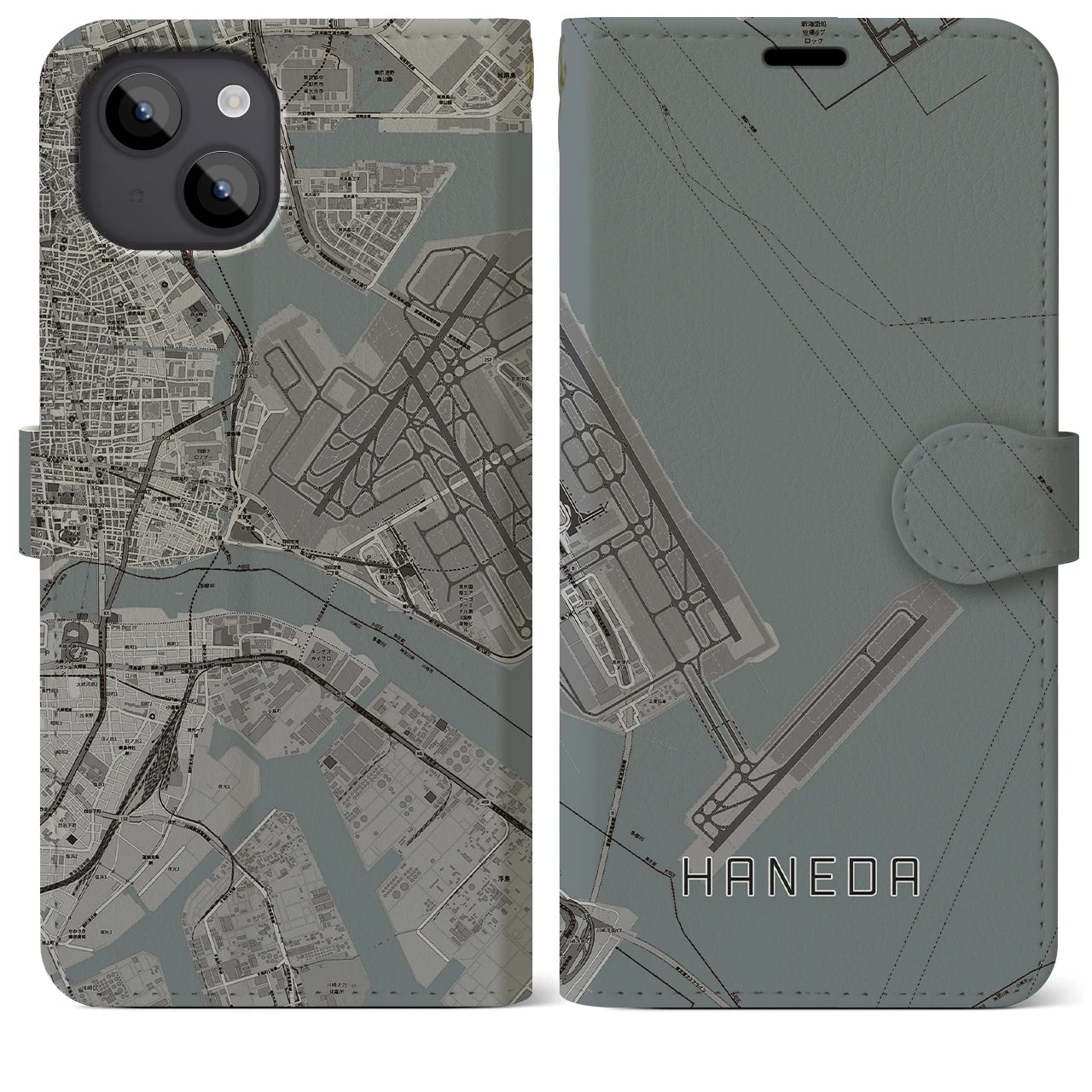 【羽田(東京都)】地図柄iPhoneケース(手帳タイプ)モノトーン・iPhone 14 Plus 用