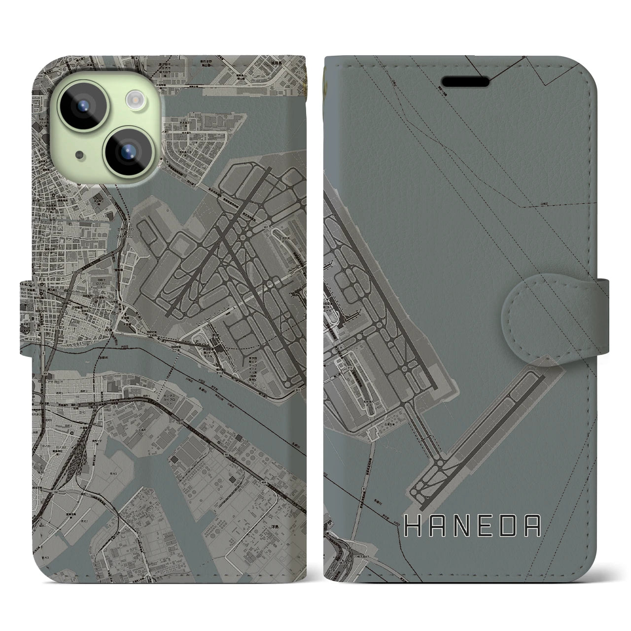 【羽田(東京都)】地図柄iPhoneケース(手帳タイプ)モノトーン・iPhone 15 用
