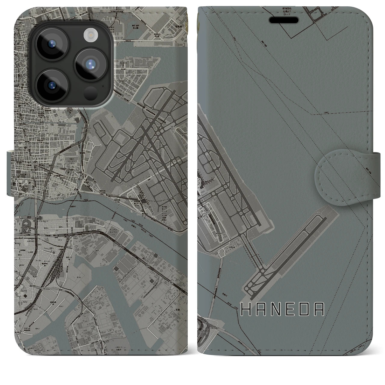 【羽田(東京都)】地図柄iPhoneケース(手帳タイプ)モノトーン・iPhone 15 Pro Max 用