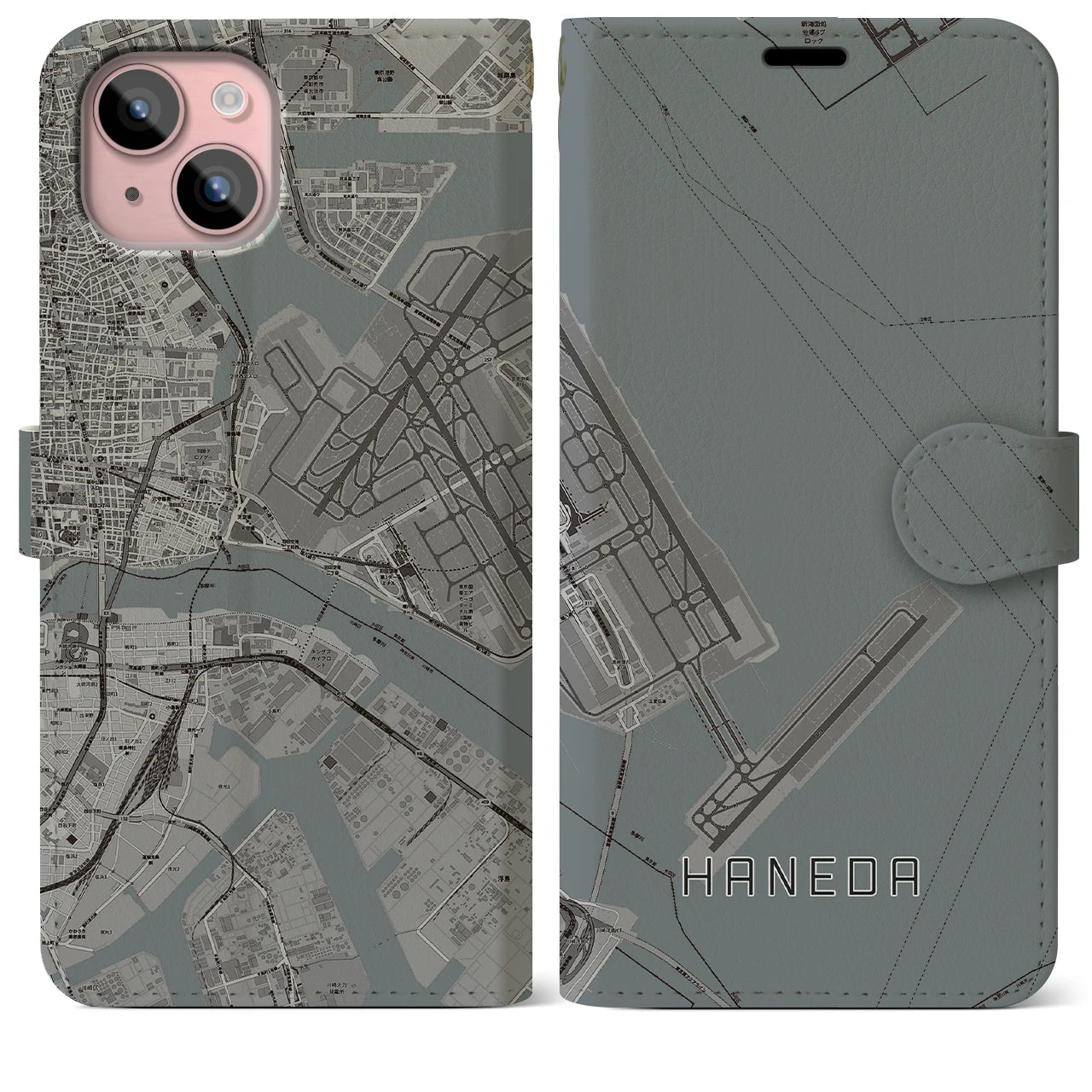 【羽田(東京都)】地図柄iPhoneケース(手帳タイプ)モノトーン・iPhone 15 Plus 用