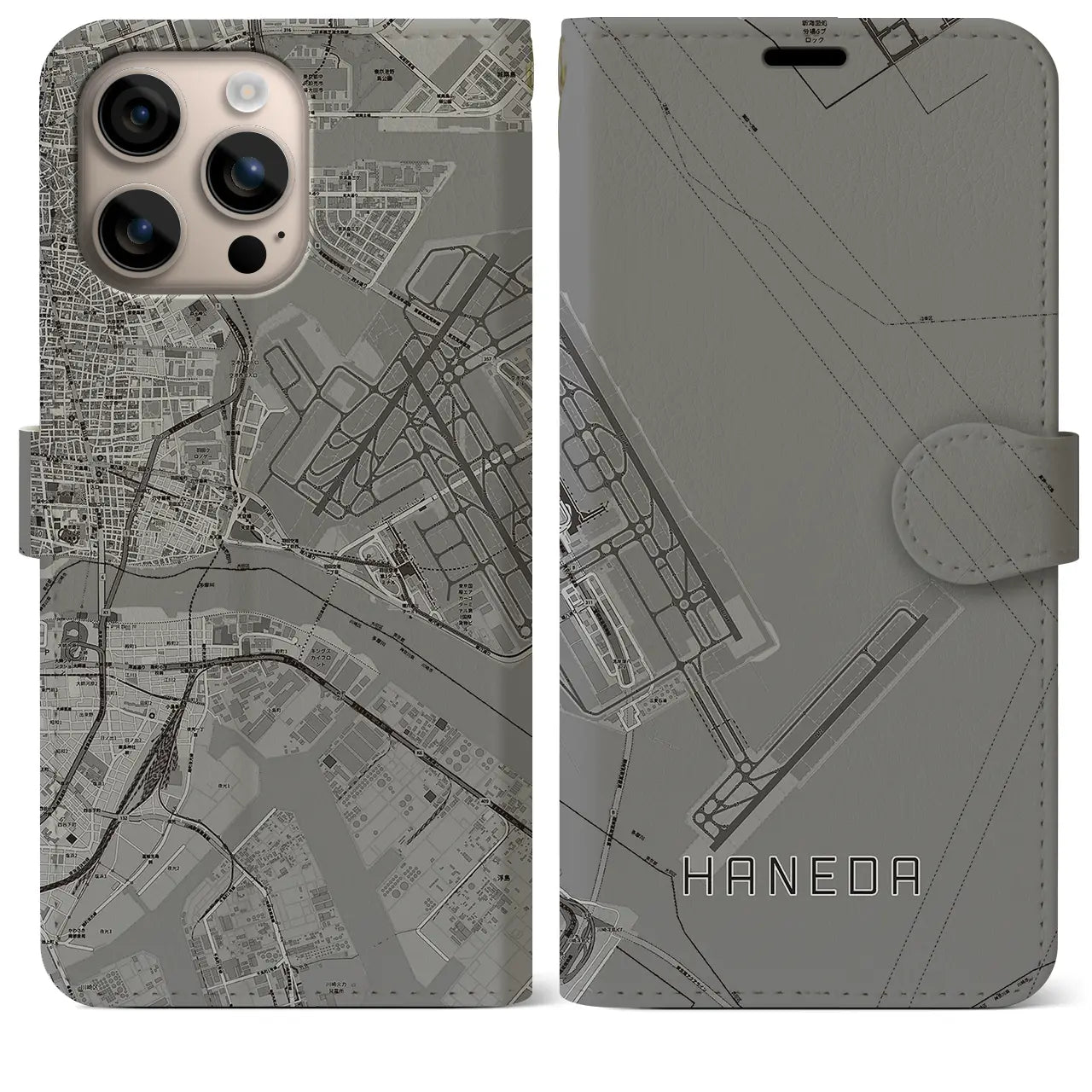 【羽田(東京都)】地図柄iPhoneケース(手帳タイプ)モノトーン・iPhone 16 Plus 用
