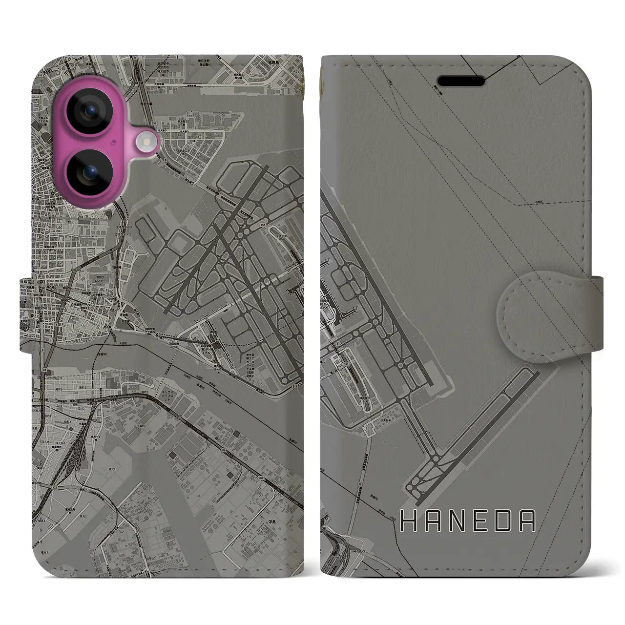 【羽田(東京都)】地図柄iPhoneケース(手帳タイプ)モノトーン・iPhone 16 Pro 用