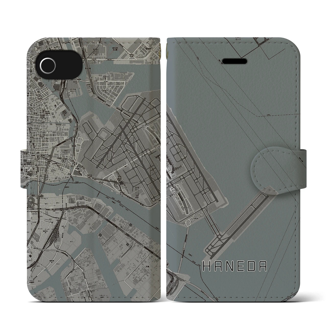 【羽田(東京都)】地図柄iPhoneケース(手帳タイプ)モノトーン・iPhone SE(第3 / 第2世代) / 8 / 7 / 6s / 6 用