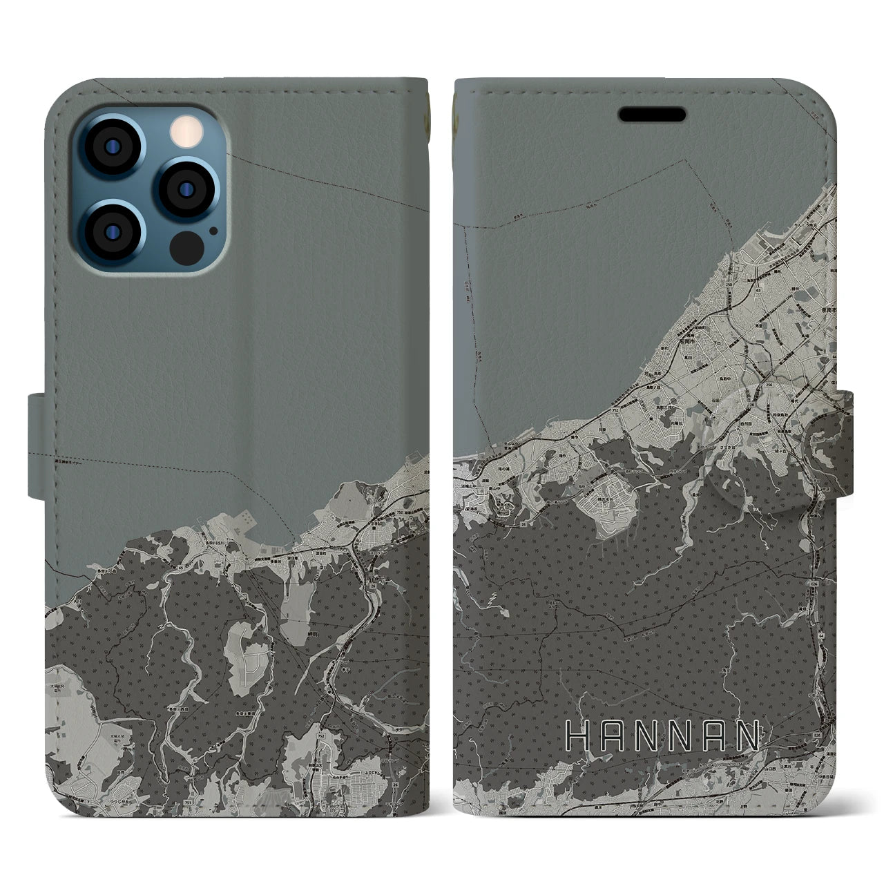 【阪南(大阪府)】地図柄iPhoneケース(手帳タイプ)モノトーン・iPhone 12 / 12 Pro 用