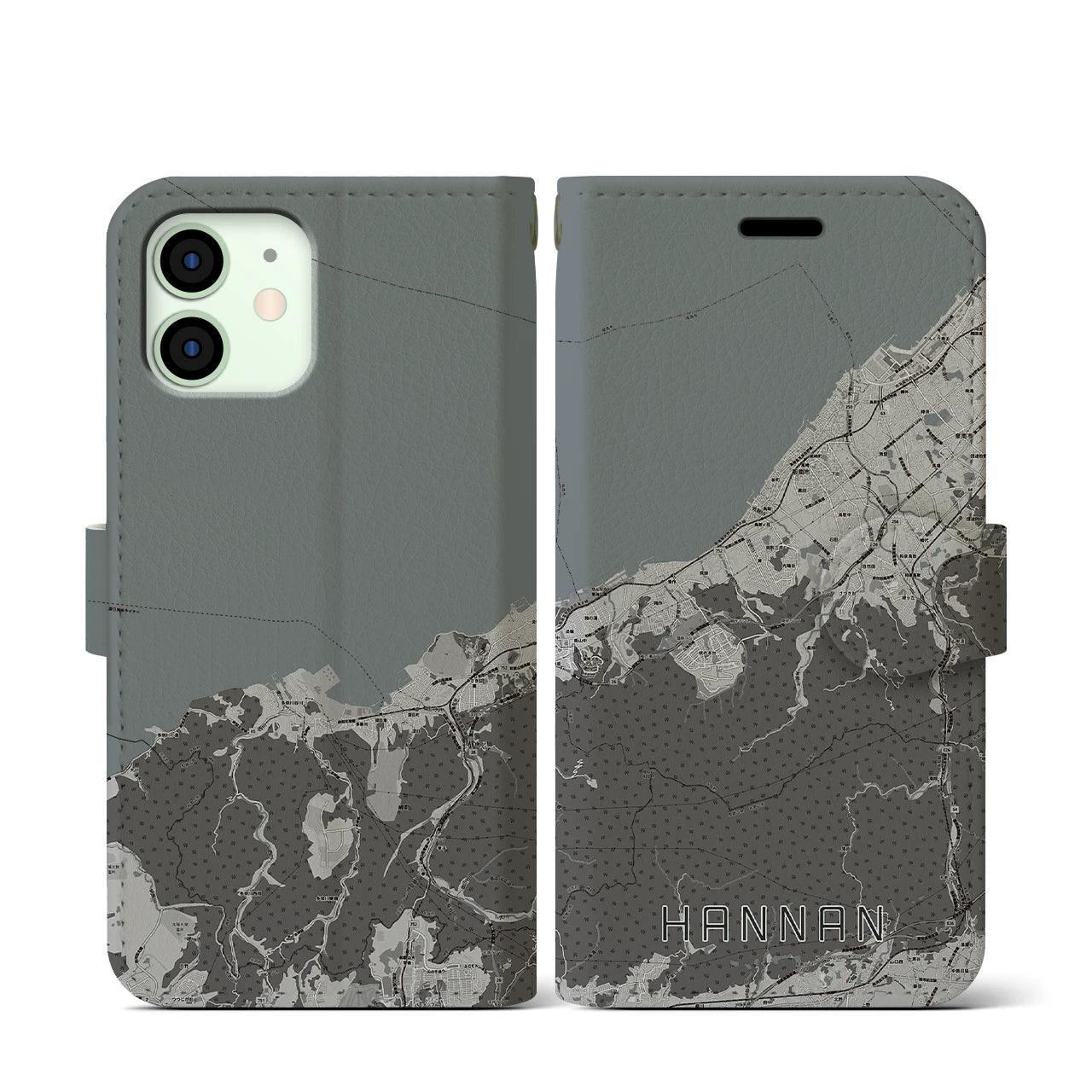 【阪南(大阪府)】地図柄iPhoneケース(手帳タイプ)モノトーン・iPhone 12 mini 用