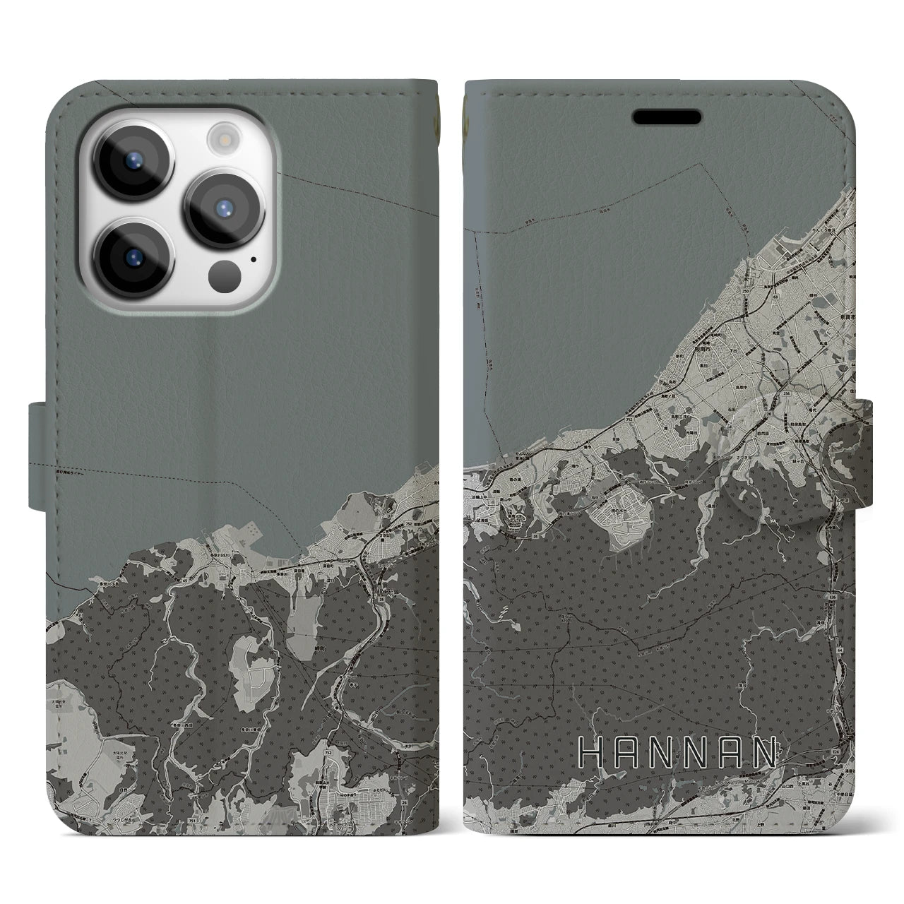 【阪南(大阪府)】地図柄iPhoneケース(手帳タイプ)モノトーン・iPhone 14 Pro 用