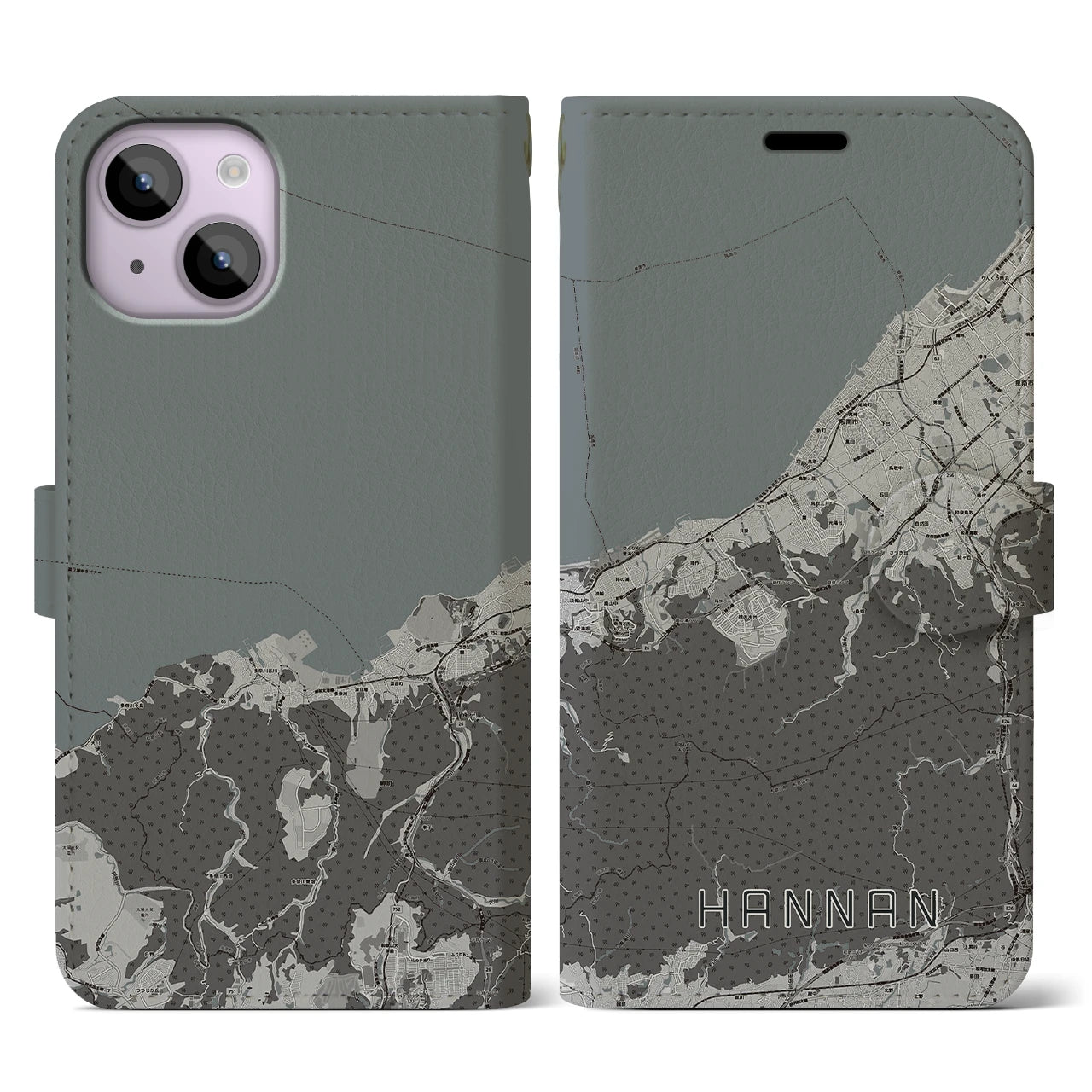 【阪南(大阪府)】地図柄iPhoneケース(手帳タイプ)モノトーン・iPhone 14 用