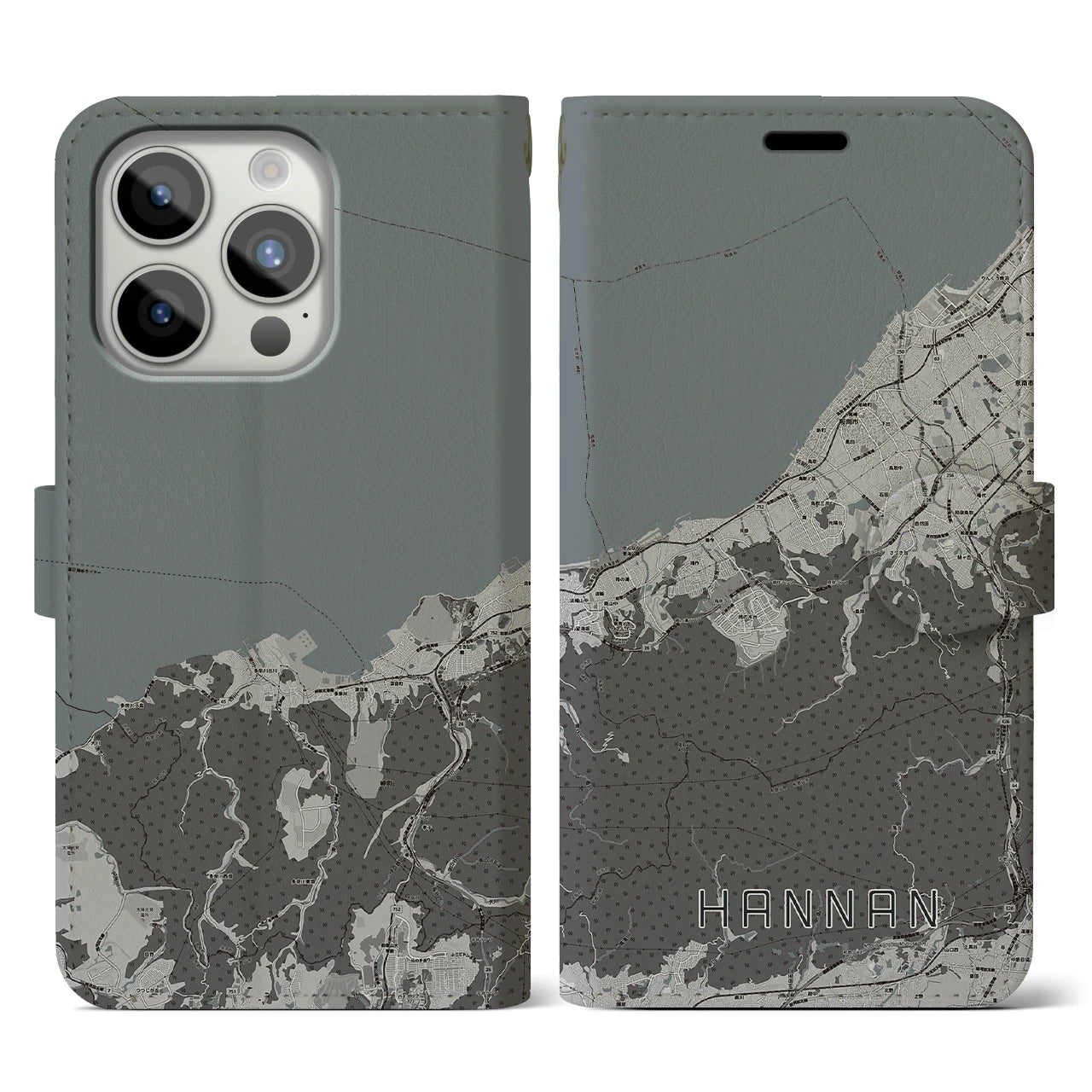 【阪南(大阪府)】地図柄iPhoneケース(手帳タイプ)モノトーン・iPhone 15 Pro 用