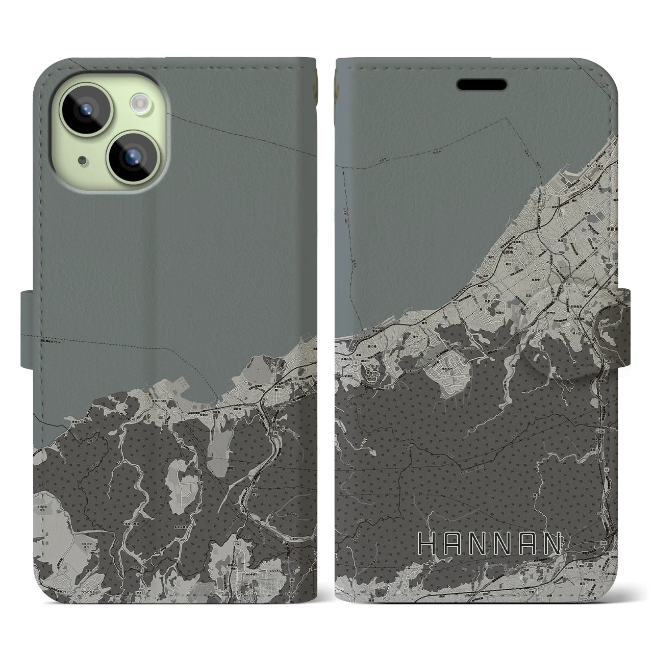 【阪南(大阪府)】地図柄iPhoneケース(手帳タイプ)モノトーン・iPhone 15 用