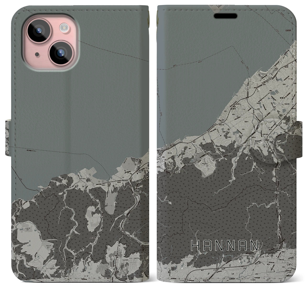 【阪南(大阪府)】地図柄iPhoneケース(手帳タイプ)モノトーン・iPhone 15 Plus 用