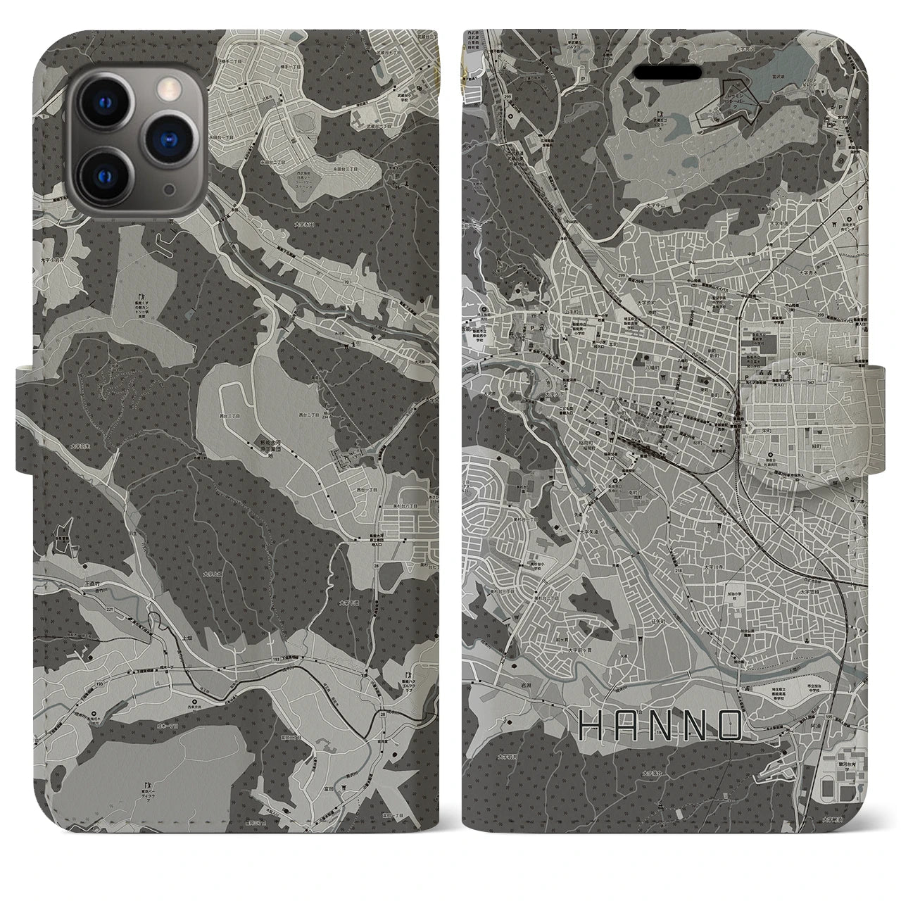 【飯能(埼玉県)】地図柄iPhoneケース(手帳タイプ)モノトーン・iPhone 11 Pro Max 用