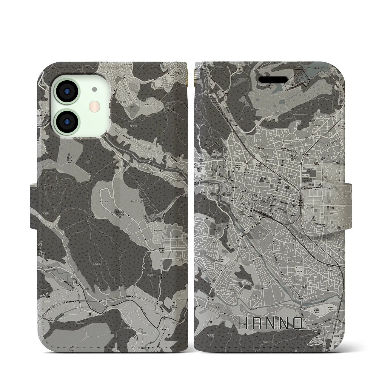 【飯能(埼玉県)】地図柄iPhoneケース(手帳タイプ)モノトーン・iPhone 12 mini 用
