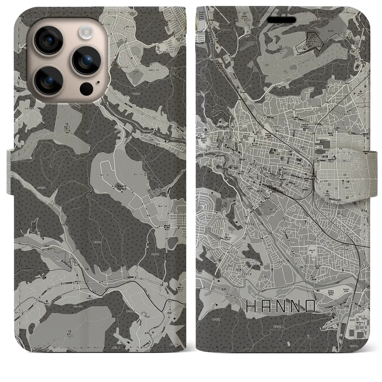 【飯能(埼玉県)】地図柄iPhoneケース(手帳タイプ)モノトーン・iPhone 16 Plus 用