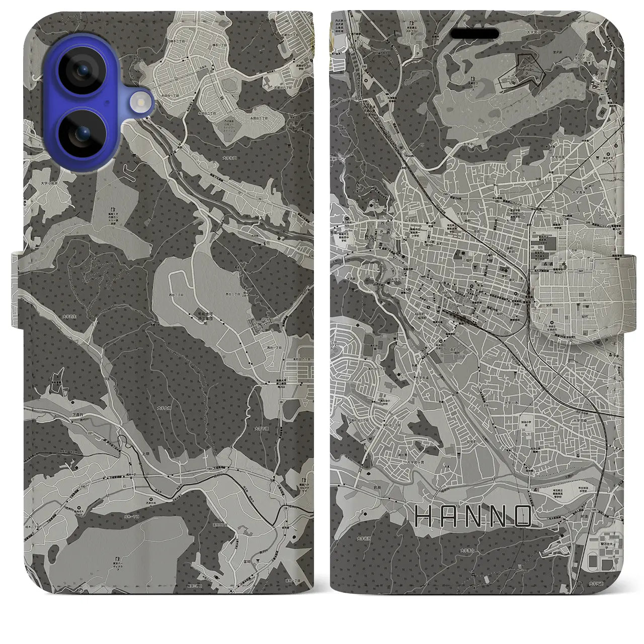 【飯能(埼玉県)】地図柄iPhoneケース(手帳タイプ)モノトーン・iPhone 16 Pro Max 用