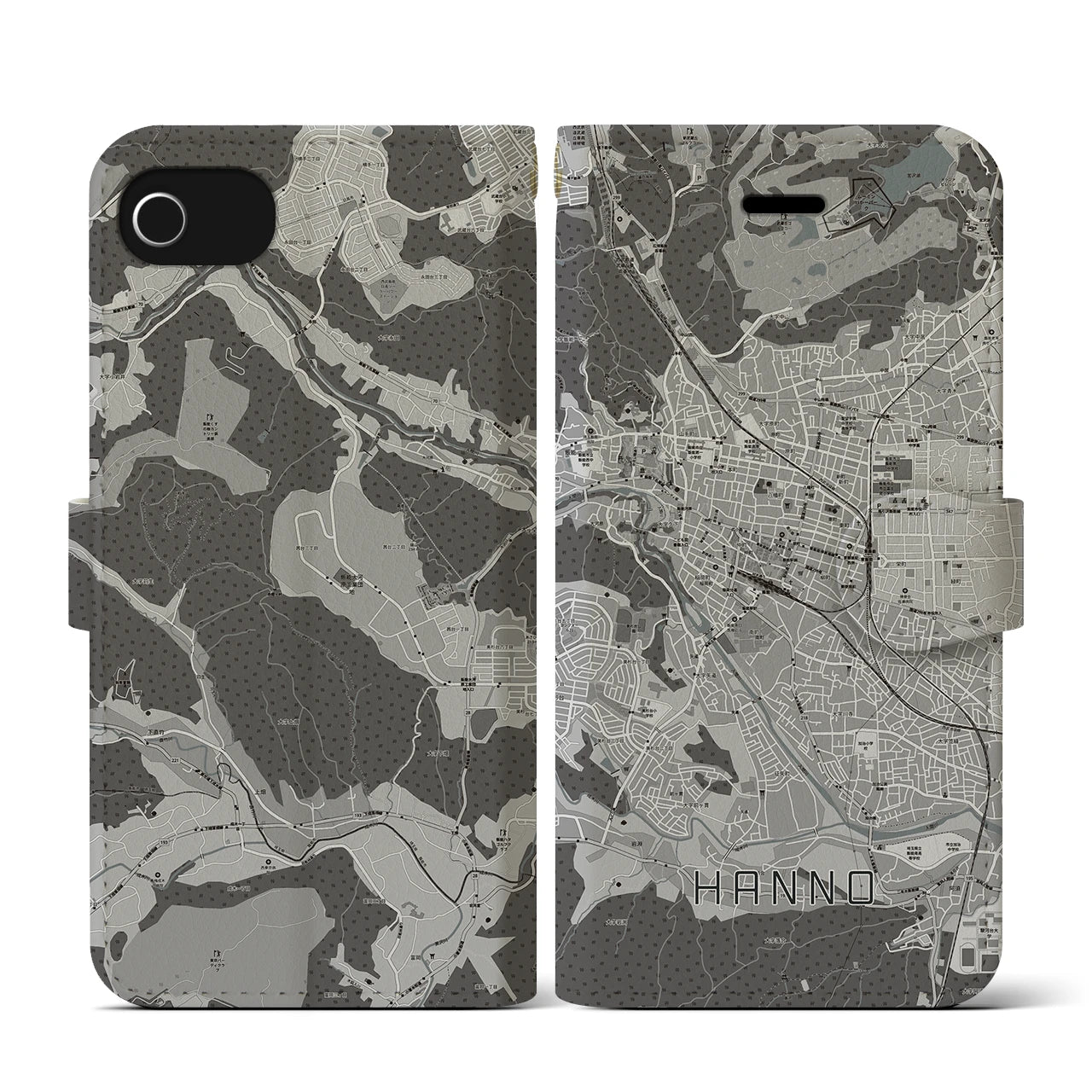 【飯能(埼玉県)】地図柄iPhoneケース(手帳タイプ)モノトーン・iPhone SE(第3 / 第2世代) / 8 / 7 / 6s / 6 用