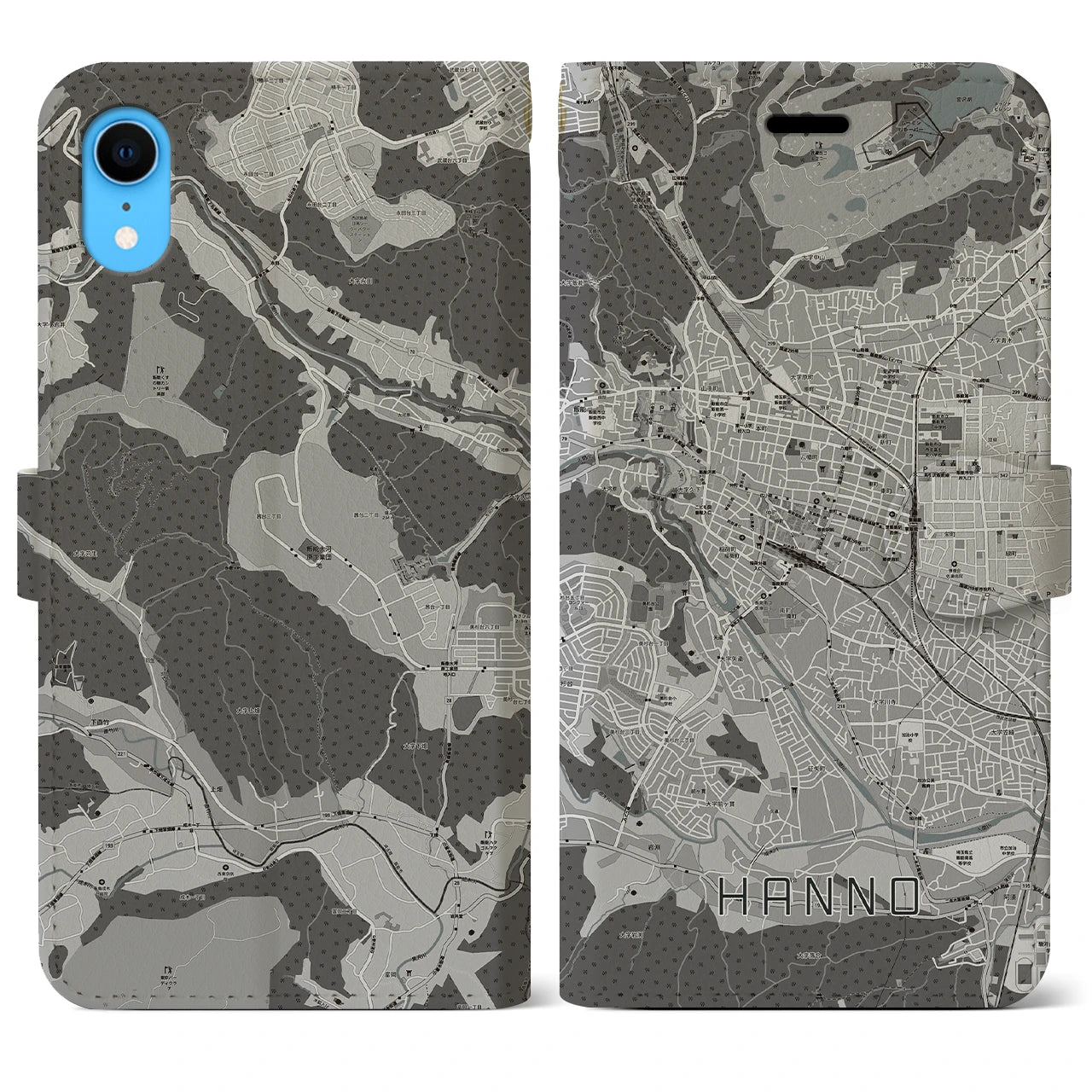 【飯能(埼玉県)】地図柄iPhoneケース(手帳タイプ)モノトーン・iPhone XR 用