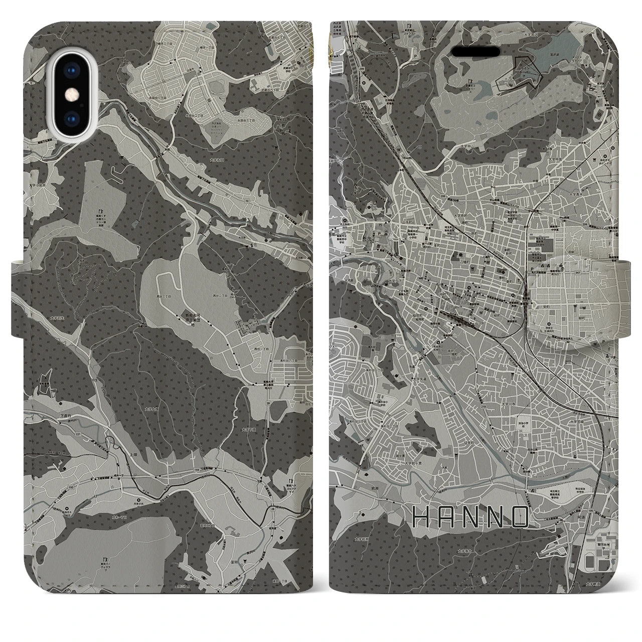 【飯能(埼玉県)】地図柄iPhoneケース(手帳タイプ)モノトーン・iPhone XS Max 用