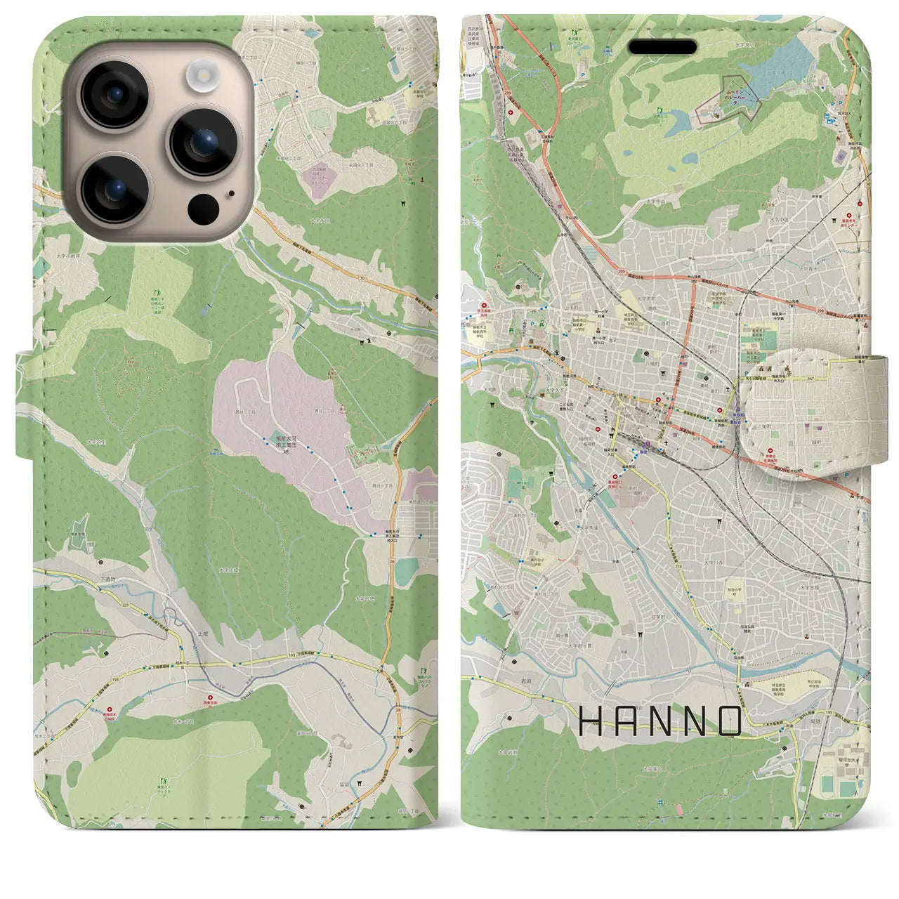 【飯能(埼玉県)】地図柄iPhoneケース(手帳タイプ)ナチュラル・iPhone 16 Plus 用