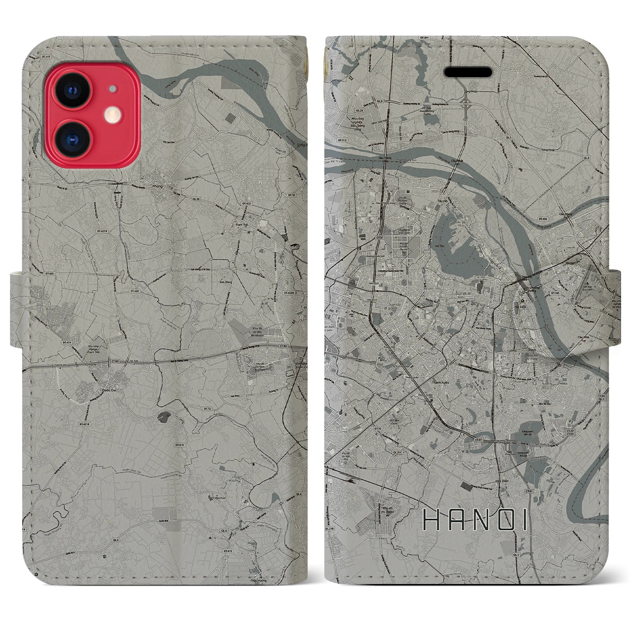 【ハノイ(ベトナム)】地図柄iPhoneケース(手帳タイプ)モノトーン・iPhone 11 用