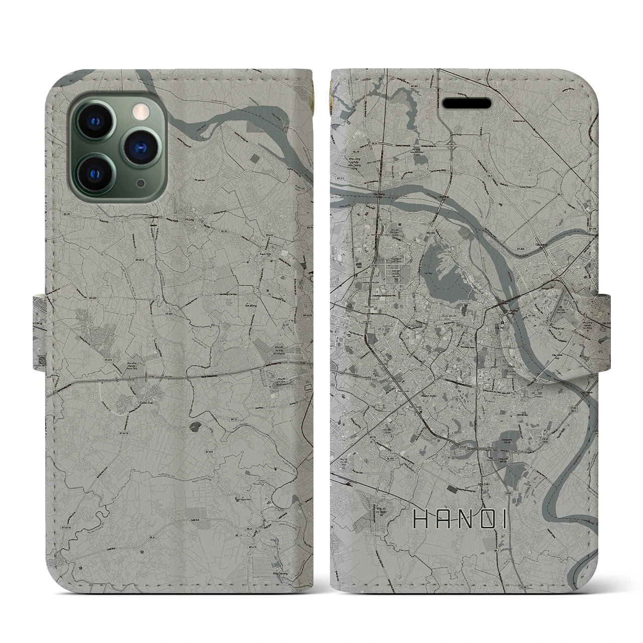 【ハノイ(ベトナム)】地図柄iPhoneケース(手帳タイプ)モノトーン・iPhone 11 Pro 用