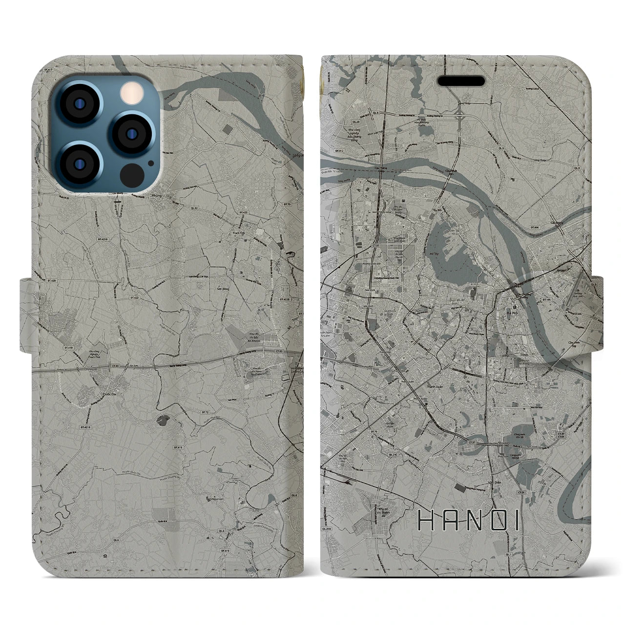 【ハノイ(ベトナム)】地図柄iPhoneケース(手帳タイプ)モノトーン・iPhone 12 / 12 Pro 用