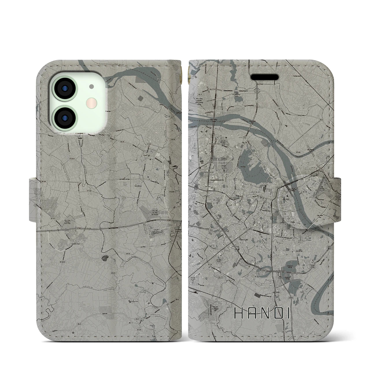 【ハノイ(ベトナム)】地図柄iPhoneケース(手帳タイプ)モノトーン・iPhone 12 mini 用