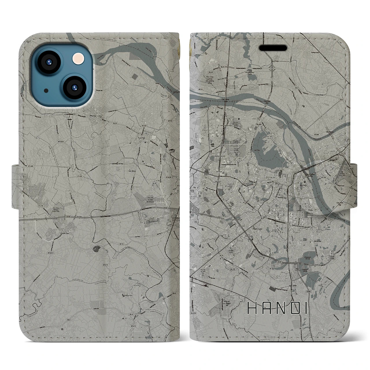 【ハノイ(ベトナム)】地図柄iPhoneケース(手帳タイプ)モノトーン・iPhone 13 用