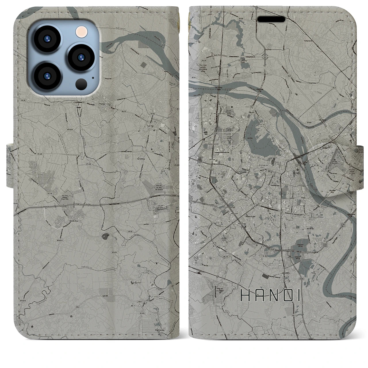 【ハノイ(ベトナム)】地図柄iPhoneケース(手帳タイプ)モノトーン・iPhone 13 Pro Max 用