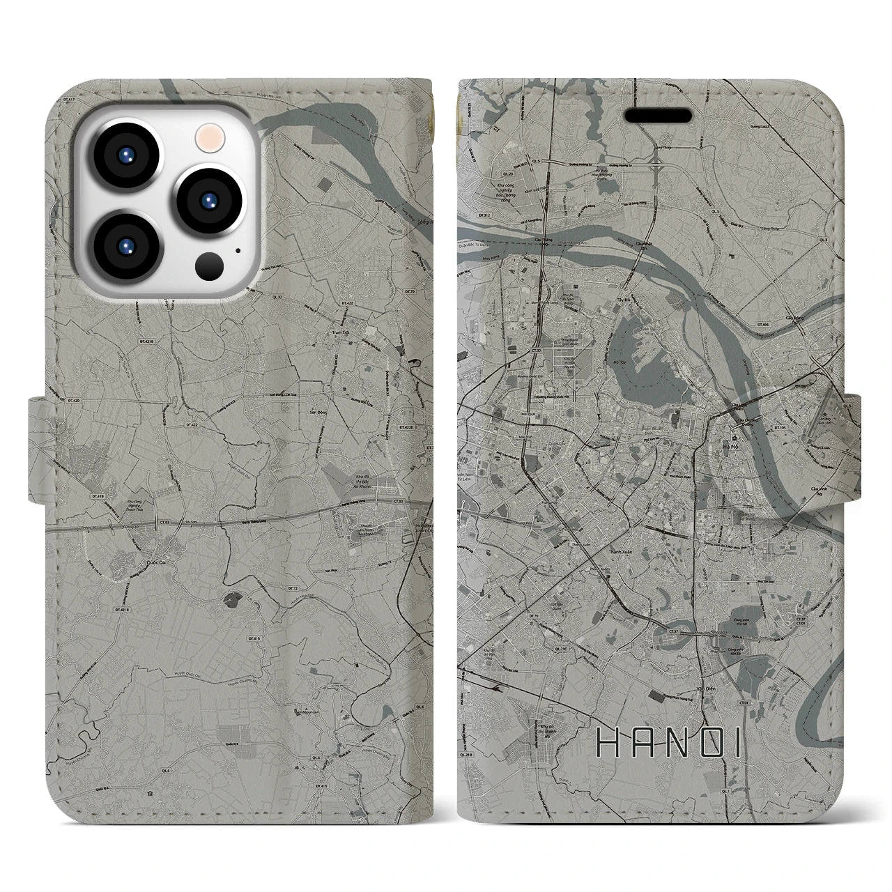【ハノイ(ベトナム)】地図柄iPhoneケース(手帳タイプ)モノトーン・iPhone 13 Pro 用