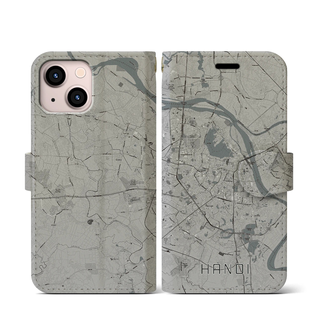 【ハノイ(ベトナム)】地図柄iPhoneケース(手帳タイプ)モノトーン・iPhone 13 mini 用