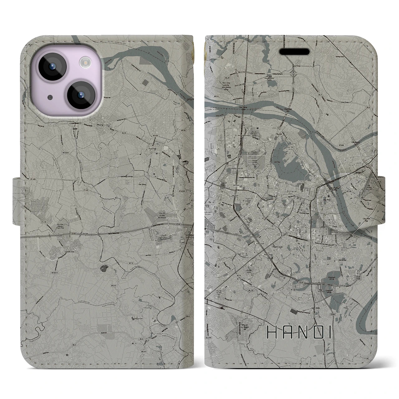【ハノイ(ベトナム)】地図柄iPhoneケース(手帳タイプ)モノトーン・iPhone 14 用