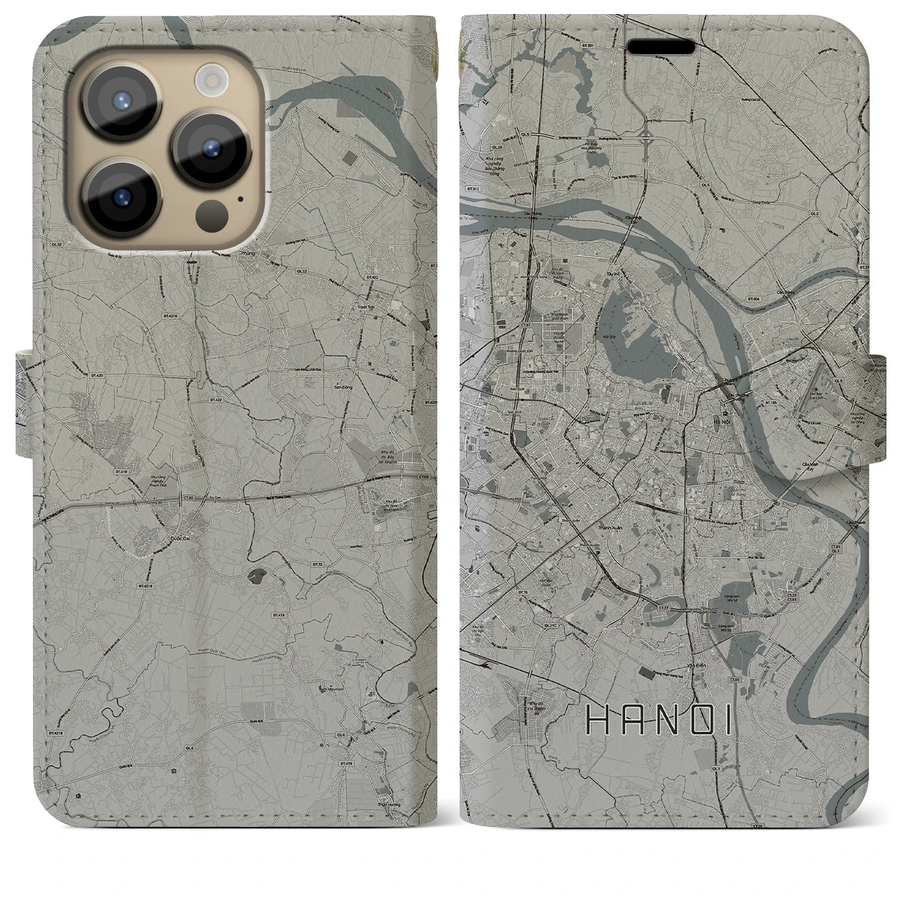【ハノイ(ベトナム)】地図柄iPhoneケース(手帳タイプ)モノトーン・iPhone 14 Pro Max 用