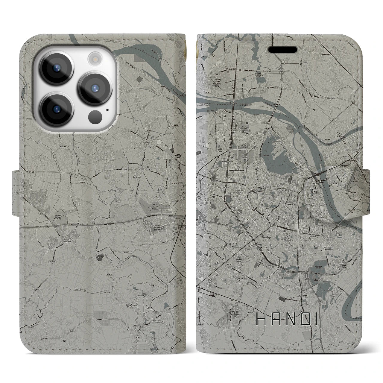 【ハノイ(ベトナム)】地図柄iPhoneケース(手帳タイプ)モノトーン・iPhone 14 Pro 用