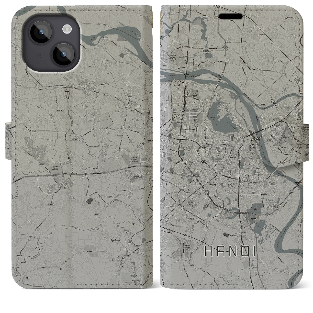 【ハノイ(ベトナム)】地図柄iPhoneケース(手帳タイプ)モノトーン・iPhone 14 Plus 用